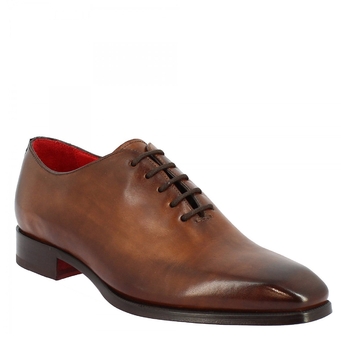 Handmade men's wholecut square toe shoes in brandy delavè leather