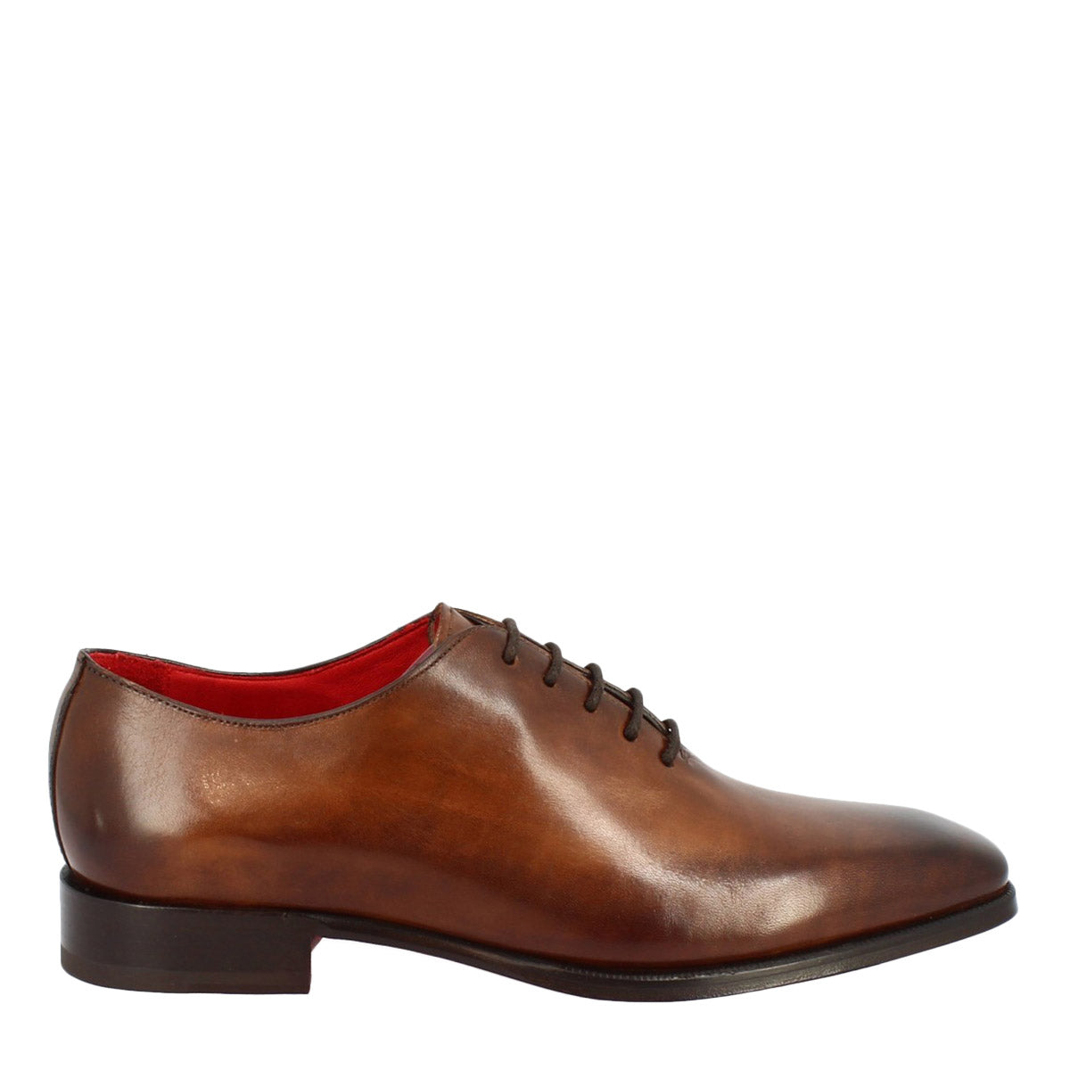 Handmade men's wholecut square toe shoes in brandy delavè leather