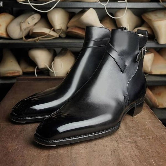 Handmade Men's Black Leather Ankle High Jodhpur Boots