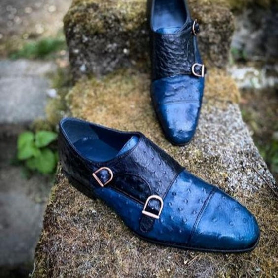 Zweifarbige Oxford-Schuhe für Herren aus blauem Straußenleder