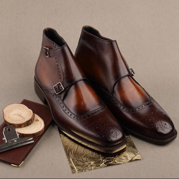 Herren-Monkstiefel aus braunem Patina-Leder