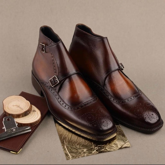 Herren-Monkstiefel aus braunem Patina-Leder