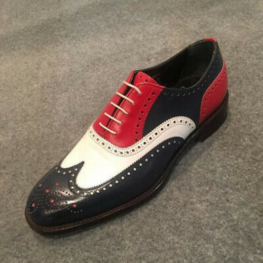 Handmade Men's Tri Tone Genuine Leather Wingtip Oxford Shoes