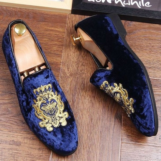 Handmade Men's Blue Embroidered Velvet Luxury Loafers