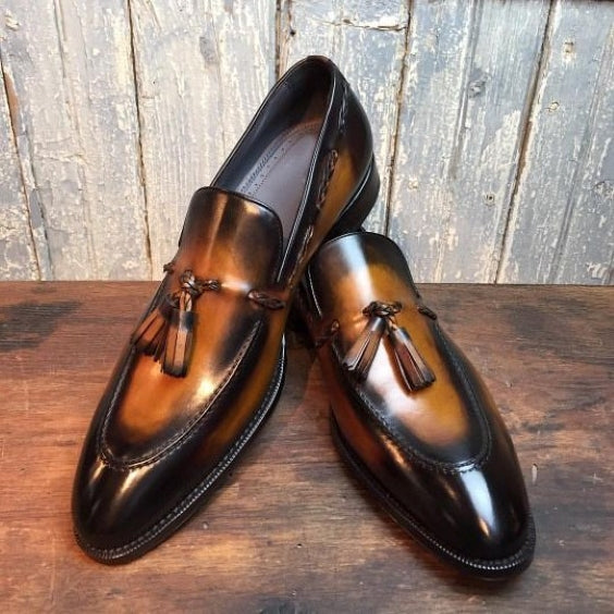 Handmade Men's Brown Patina Leather Tassel Loafers