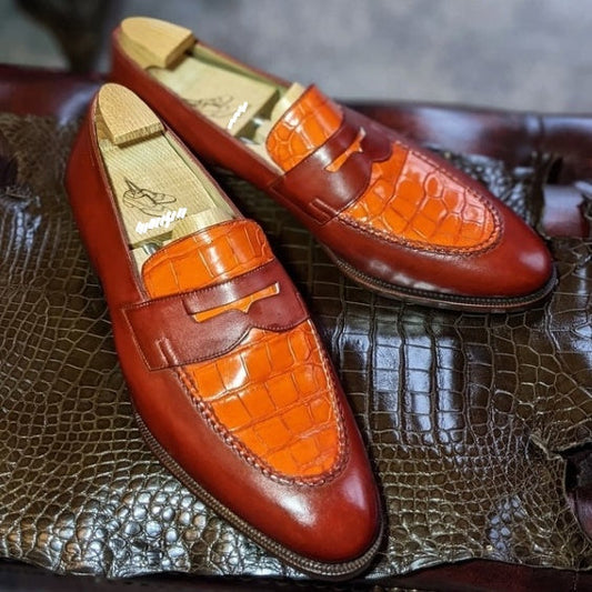 Men's Two Tone Tan Brown Alligator Leather Penny Loafers